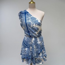 AllSaints Cayla Rafaela Dress 6 Blue White Paisley One Shoulder Mini Coquette