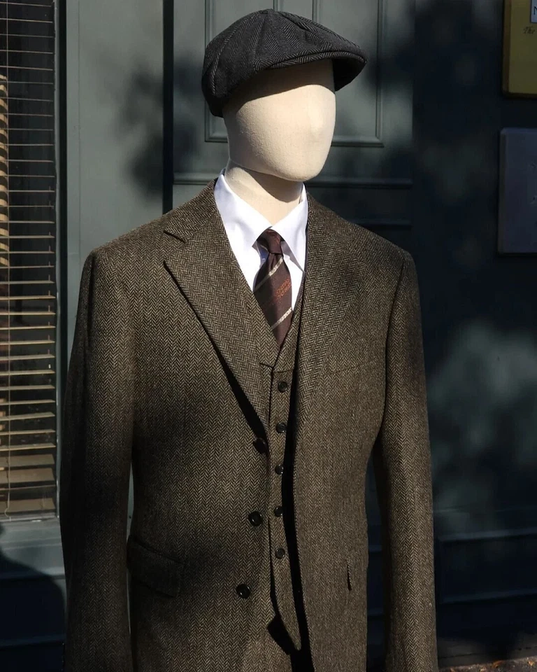 Vintage Tweed Men Suit 3 Pieces Jacket Business Herringbone Wedding Prom Blazer - Image 3 of 4