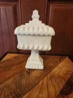 Vintage White Milk Glass Lidded Wedding Cake Or Candy Dish 1950's