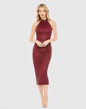 NWT Mac Duggal Hand Embellished Halter Neck Midi Sheath Dress Burgundy Size 10