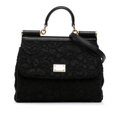 Dolce & Gabbana Medium Embroidered Lace Miss Sicily Satchel Pre-Loved Schwarz