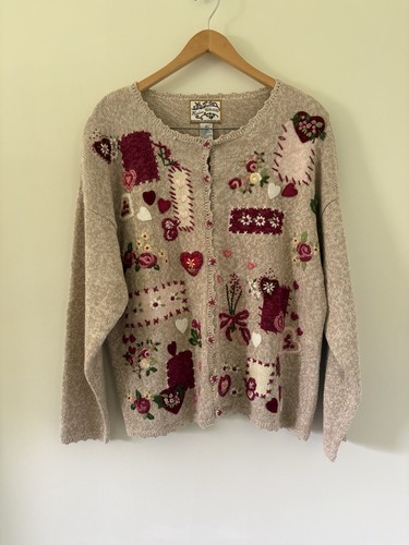 VTG Heirloom Collectables Novelty Knit Patchwork Heart Cardigan Sweater M Love