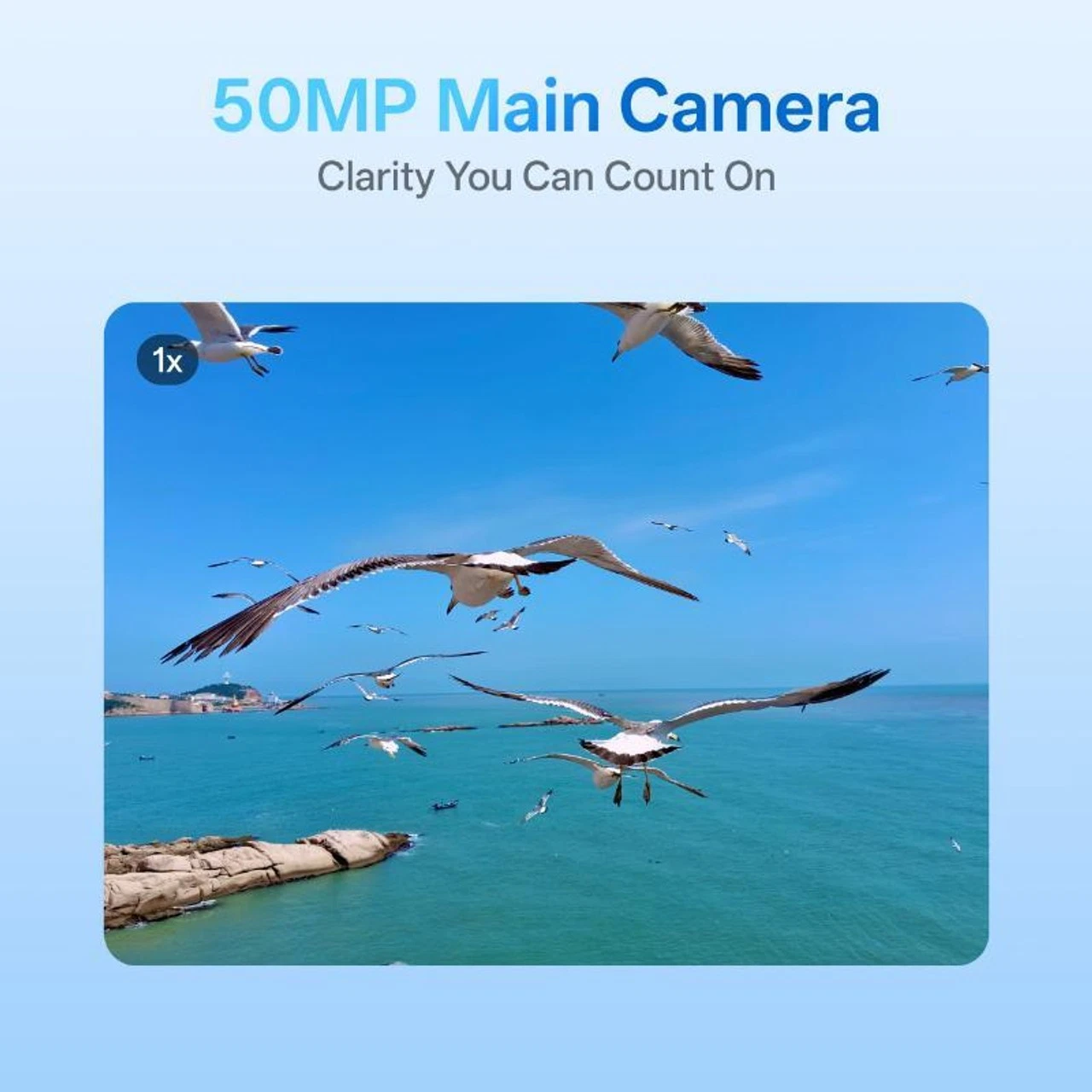 OPPO F35 5G camera image showing birds in flight over a blue sea-sky landscape with clouds, text “50MP Main Camera” at bottom.