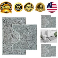 Bathroom Rug Set 2 Piece Chenille Bath Mats U-Shaped Toilet Rug Light Grey
