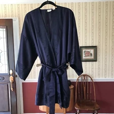 Vtg Victoria's Secret Short Wrap Robe Dark Eggplant Purple Damask Trim One Size