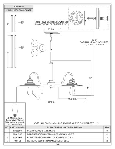 Quoizel Admiral 30" Chandelier 3 Light Fixture Imperial Bronze Finish ADM5103IB - Picture 6 of 6