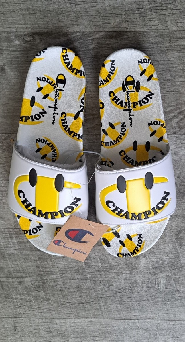 Champion IPO Smile Slides Sandals Mens Size 12 White Yellow 