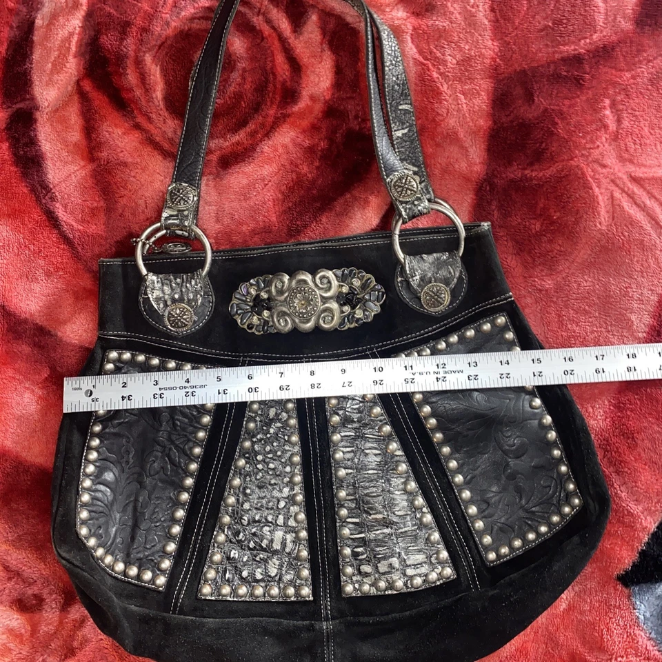 LEATHEROCK Bolso Cuero Real Negro Gamuza Joya y Liso Usado Vintage Foto 3 de 4