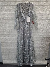 New Mac Duggal Long Sleeve Embellished Lace Maxi Evening Gown Gray Size 4
