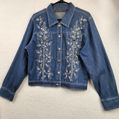 New Identity Women's Large Denim Jacket Embroidered Blue 100%Cotton Machine Wash