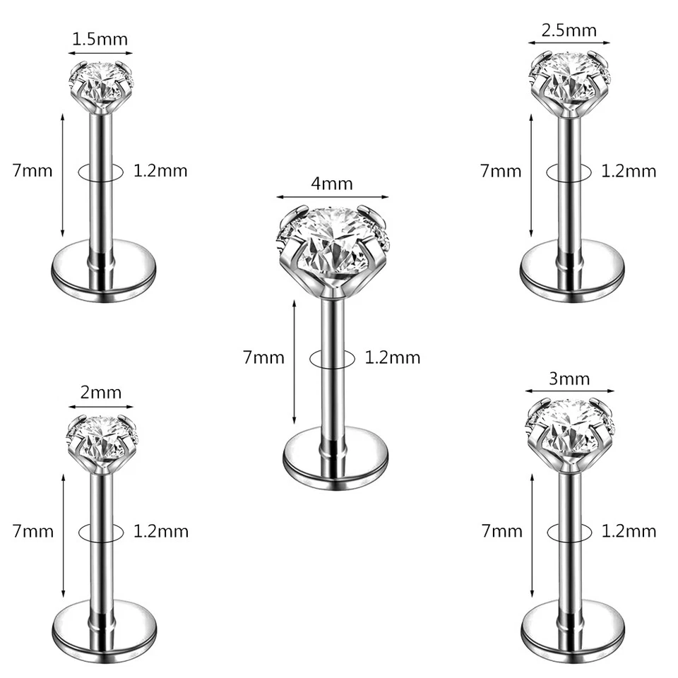 10Pcs Stainless Steel Labret Lip Stud Push in CZ Monroe Ear Helix Conch Piercing - Image 2 of 4
