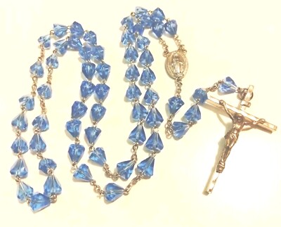 Vintage Sea Blue Tear Drop Crystal Rosary Virgin Mary Center