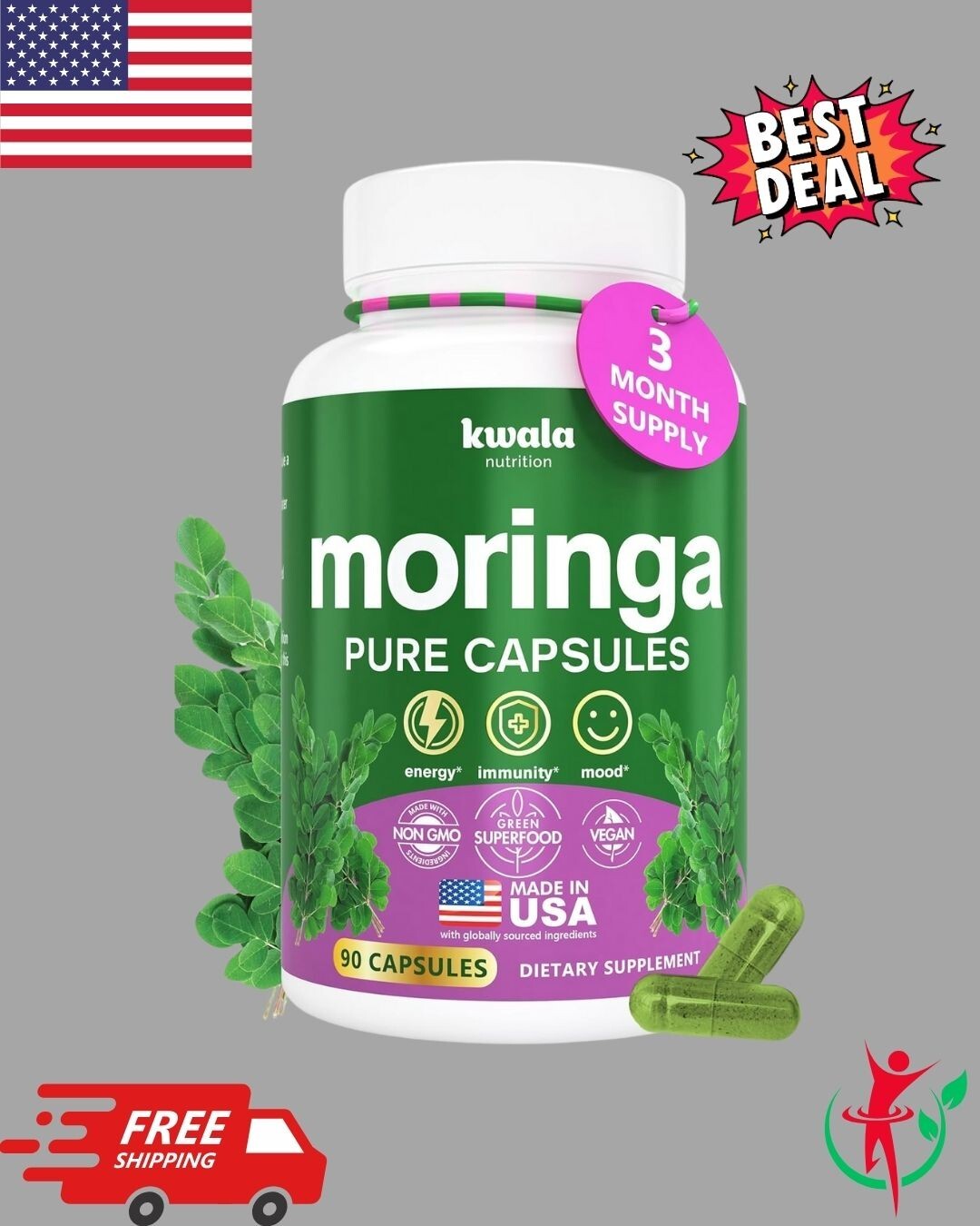 Pure Moringa Leaf Powder Capsules - 90 Caps for 3 Month Supply