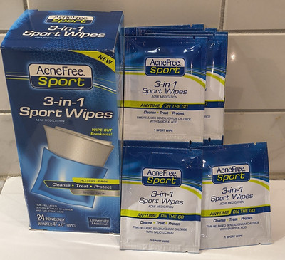 12 AcneFree Sport 3-in-1 Sport Wipes Individually Wrapped  On The Go Travel-READ