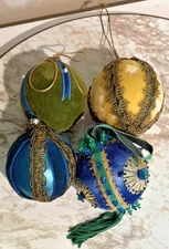 4pc Lot Assorted Vintage Flocked Velvety Lace & Bead Christmas Ornaments