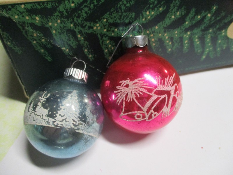 Set of 2 Vintage Shiny Brite & Made in USA Stencil Mercury Glass Ornaments