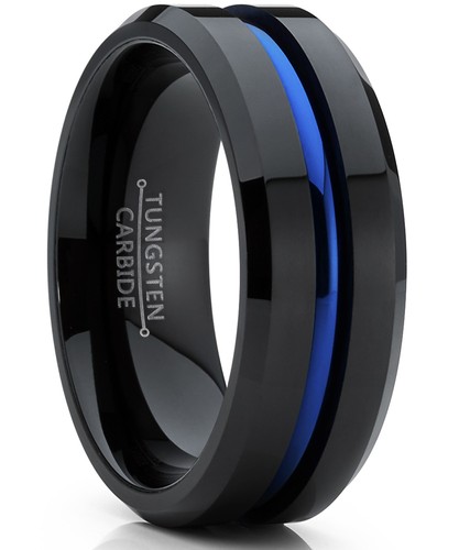 Men's Tungsten Carbide Black and Blue Wedding band Engagement Ring