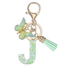 Alphabet Initial Letter Keychain Cute Charm with Tassel Butterfly Letter J Green