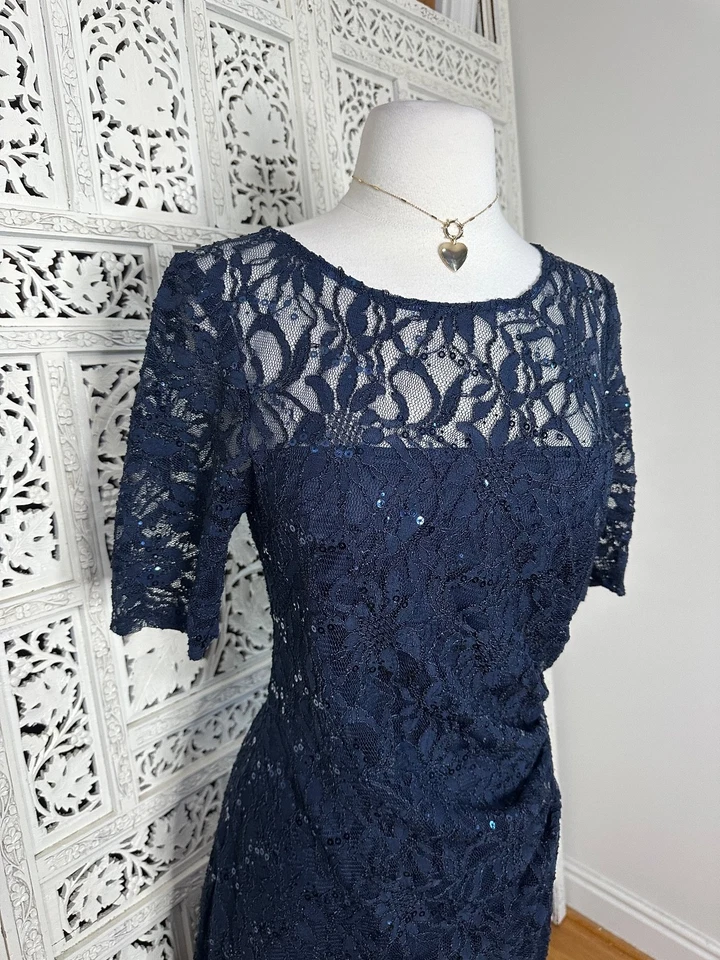 Decode 1.8 Azul Marino Encaje Acanalado Lentejuelas Fairycore Fluido Largo Formal Vestido Talla 10 Foto 2 de 4