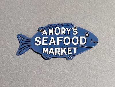 VINTAGE 12  AMORYS SEAFOOD MARKET FISH PORCELAIN SIGN CAR GAS OIL MOTORCYCLE
