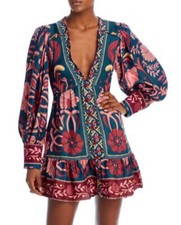 Farm Rio Teal Seashell Tapestry LENZING ECOVERO Viscose Mini Dress Size XS NWT