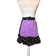 Vintage Handmade Purple Floral Ruffle Half Apron Black Retro Cottagecore