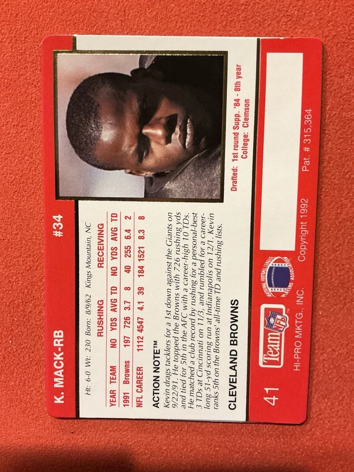 Action Packed Kevin Mack 1992 #41 Cleveland Browns🔥🔥🔥🔥🔥🔥🔥🔥🔥🔥🔥 - Image 2 of 2
