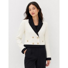 Ann Taylor Tweed Cropped Blazer Cream Black Gold Button Jacket 12P Double Breast