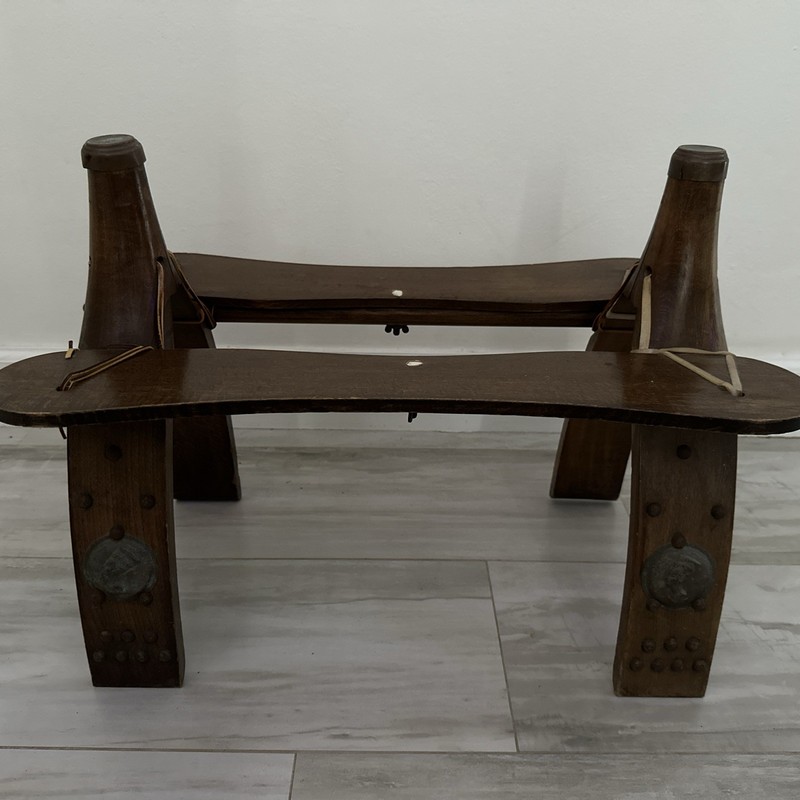 🐫Vintage Wooden Camel Saddle Seat Foot Stool Egyptian Style Brass Inlay🐫