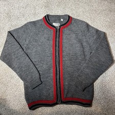 VTG Italian Wool Sweater Youth 10 Gray Zip Cardigan Made In Italy Red Trim