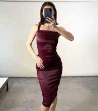 Dolce & Gabbana UK 10 Satin Burgundy Sleeveless Fitted Back Ruched Midi Dress