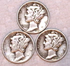 (3) Mercury Dimes - 1937P 1943P 1944P - Fine/Very Fine - #2267ED - FREE SHIPPING