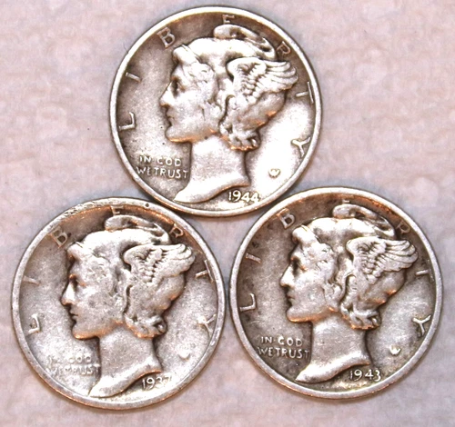 (3) Mercury Dimes - 1937P 1943P 1944P - Fine/Very Fine - #2267ED - FREE SHIPPING