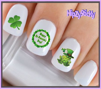 Nail Art P7503 St Patricks Leprechan 2 Clover Waterslide Nail Decals Transfers
