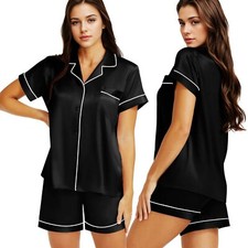 Women's Silk Satin Pajamas Set Two-Piece Button-Down Sleepwear XS 3XL