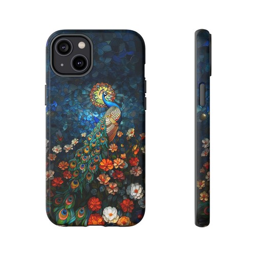 For iPhone, Galaxy, Pixel Phone Case Cover - Blue Stained Glass Peacock Flower - Picture 45 of 242