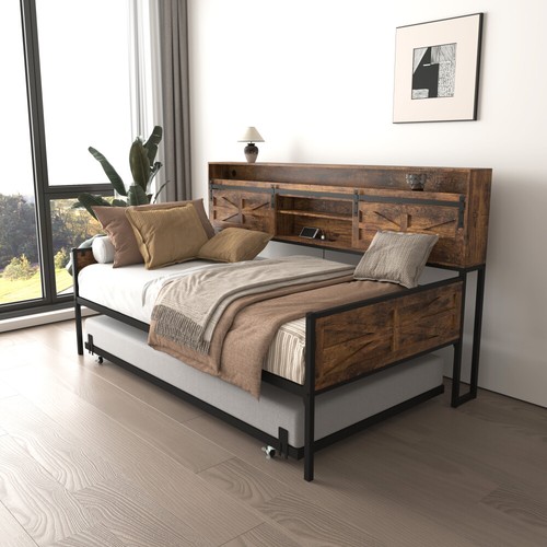 Twin Daybed with Trundle, Farmhouse Daybed Frame w/Sliding Barn Door Headboard - Picture 8 of 11