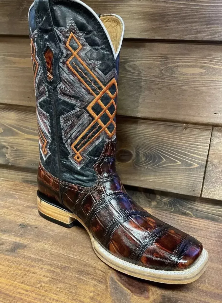 Men's Genuine Leather Cowboy Square Toe Boots Croc Print 7000R-2066