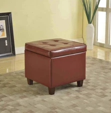 HomePop Leatherette Tufted Square Storage Ottoman with Hinged Lid, Red