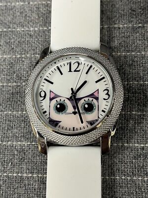 Shiny Glitter Rhinestone Style Kitty Cat Rubber Band White Quartz Ladies Watch