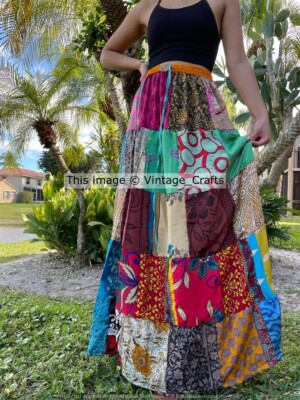 Womens Maxi Skirt, Multicolor Summer Skirt, Recycle Silk Patchwork Skirts S/M