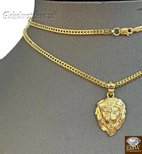 10k Gold Charm Pendant Lion Head with Franco Chain in 20 22 24 26 Inch Real Gold