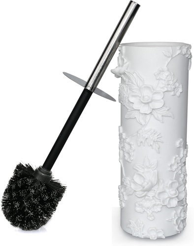 Elegant Resin Toilet Brush & Holder Set – White Floral Design, Durable & Compact