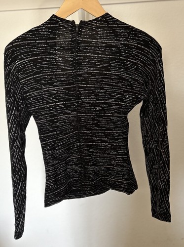 Lillie Rubin Large Black & White Sparkle Mesh Long Sleeve Top w Shoulder pads - Picture 2 of 15