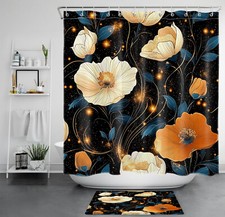 Farmhouse Plant Leaf Orange Floral Black Shower Curtain Set for Bathroom Decor
