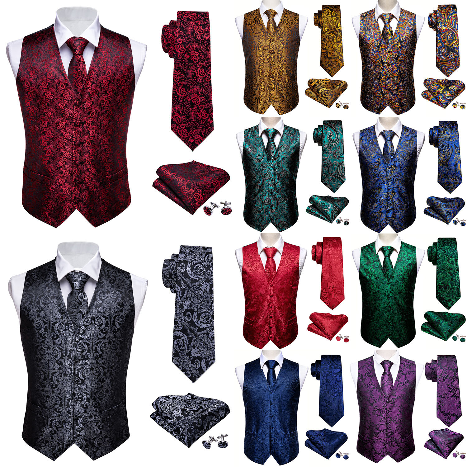 NEW Men's Paisley Design Dress Vest and Neck Tie Hankie Set For Suit or Tuxedo
