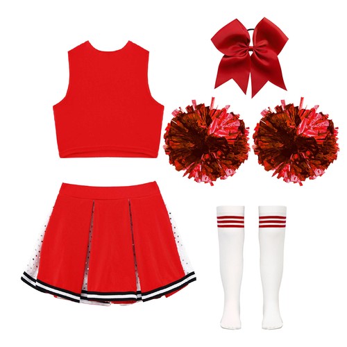 Kids Girl's Cheerleading Set Workout Top And Skirt With 1Pc Bowknot Sport - Picture 31 of 65