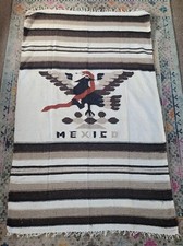 Vtg Mexican Serape Woven Wool Blanket Poncho Rug Thunderbird  Snake Striped