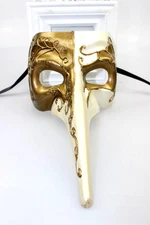 Mens Long Nose Venetian Masquerade Mask Mardi Gras Ivory & Gold Fancy Dress NEW