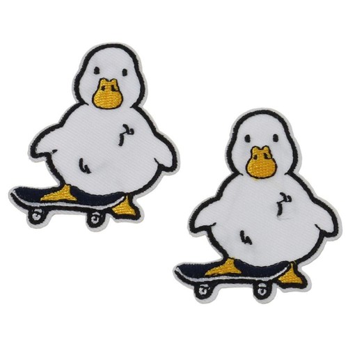 2PCS White Duck on Skateboard Embroidered Iron Patch For DIY & Repair Jeans